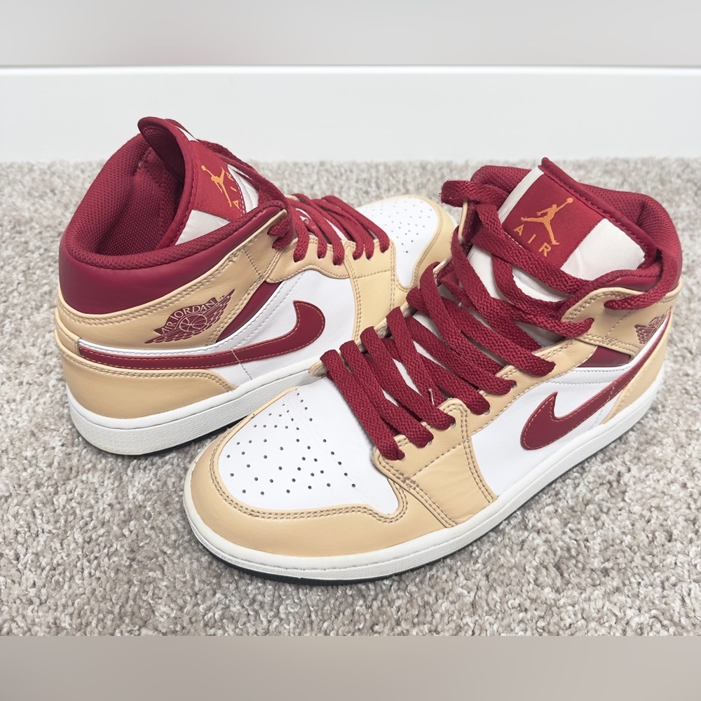 Air Jordan 1 Mid Men’s Light Curry Cardinal Red Shoes